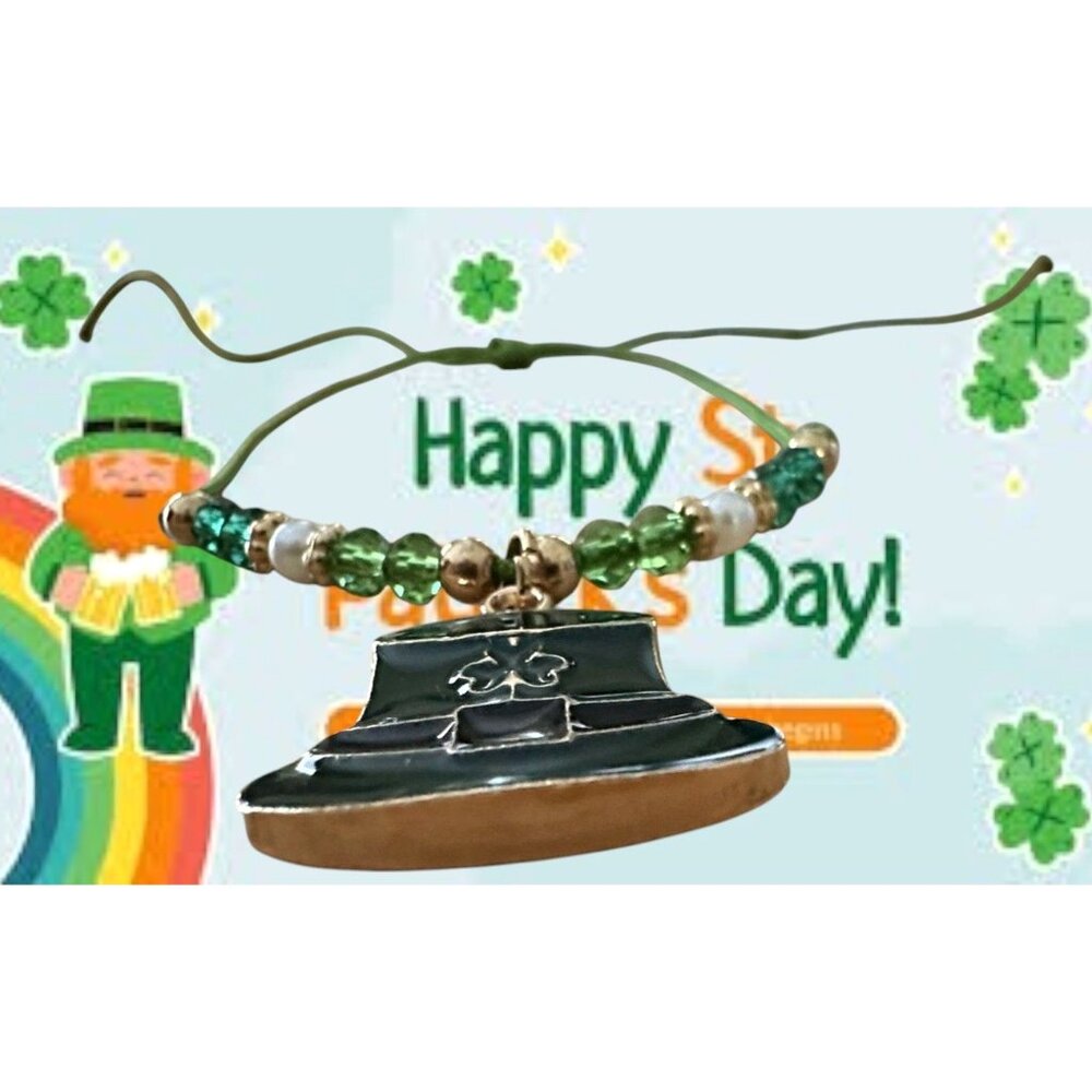 St Patricks Day Knotted String Beaded Bracelet Anklet Leprechaun Hat Sha…